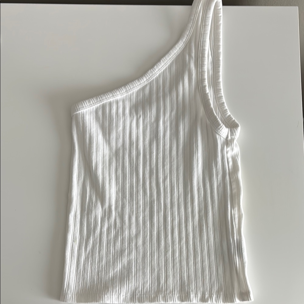 White Ribbed One-Shoulder Top - Picture 2 of 3